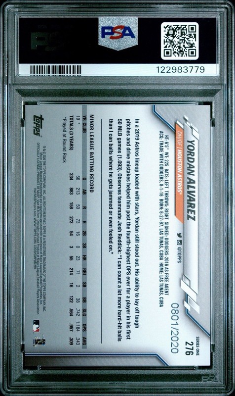 2020 Topps YORDAN ALVAREZ Gold 801/2020 #276 PSA 9 MINT RC Rookie Astros view 2