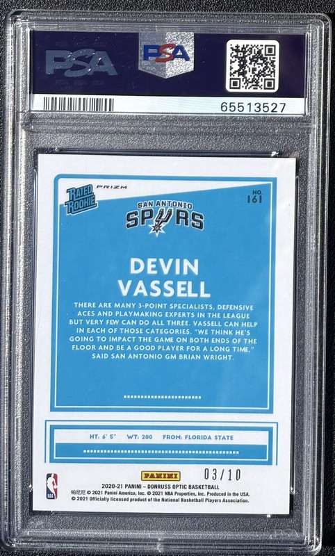 FAST BREAK GOLD/10 2020-21 Donruss Optic #161 Devin Vassell Rated Rookie PSA 9 view 2