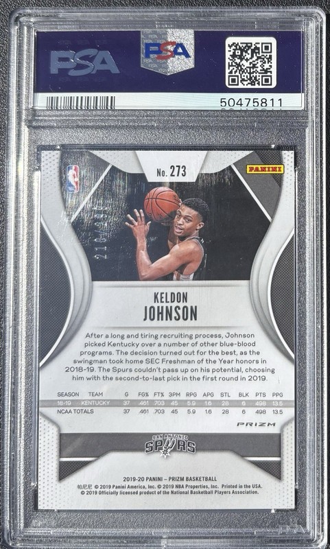 RED PRIZM/299 2019 Panini Prizm #273 Keldon Johnson San Antonio Spurs RC PSA 10 view 2