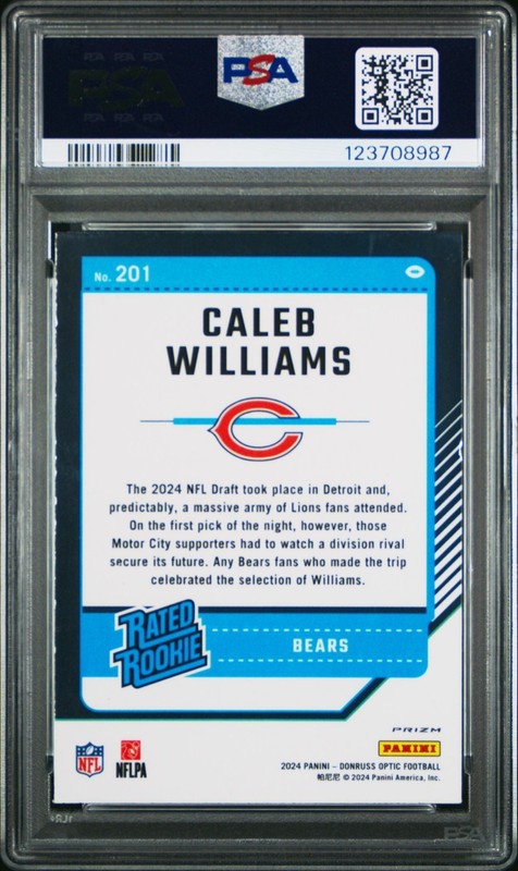 2024 Panini Donruss Optic Caleb Williams Purple Shock Prizm Rookie RC #201 PSA 8 view 2