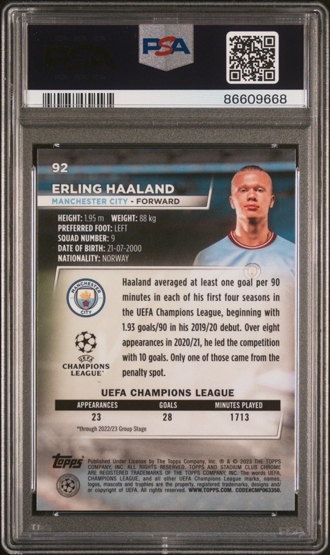 2022-23 Stadium Club Chrome #92 Erling Haaland Blue Prism PSA 9 Manchester City view 2