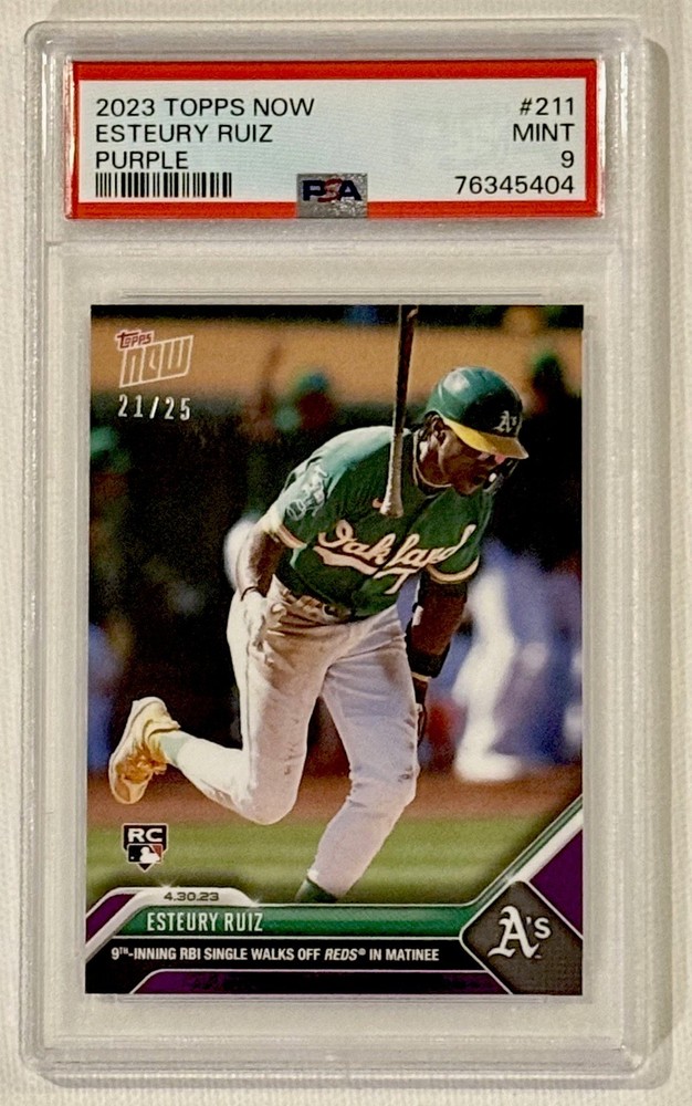 2023 Topps Now Esteury Ruiz #211 Purple /25 RC PSA 9 Numbered ROOKIE SP Parallel view 1
