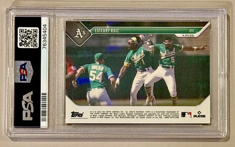 2023 Topps Now Esteury Ruiz #211 Purple /25 RC PSA 9 Numbered ROOKIE SP Parallel view 2