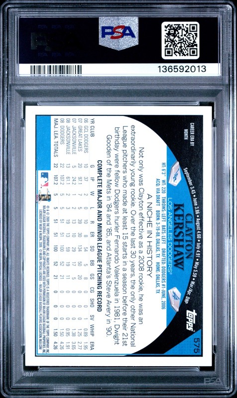 2009 Topps #575 Clayton Kershaw PSA 10 view 2