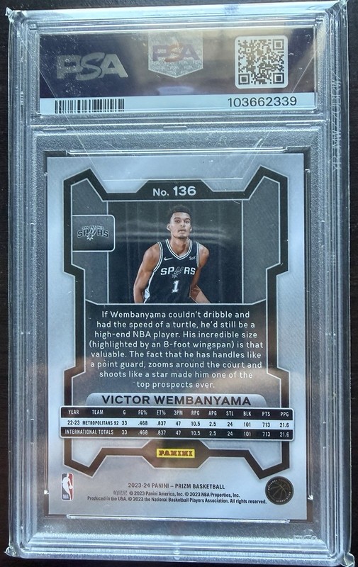 2023-24 Panini Prizm Victor Wembanyama #136 RC PSA 10 Gem Mint Spurs Rookie view 2