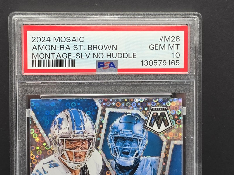 2024 Panini Mosaic Amon-Ra St. Brown No Huddle Silver Montage #M28 PSA 10 view 2