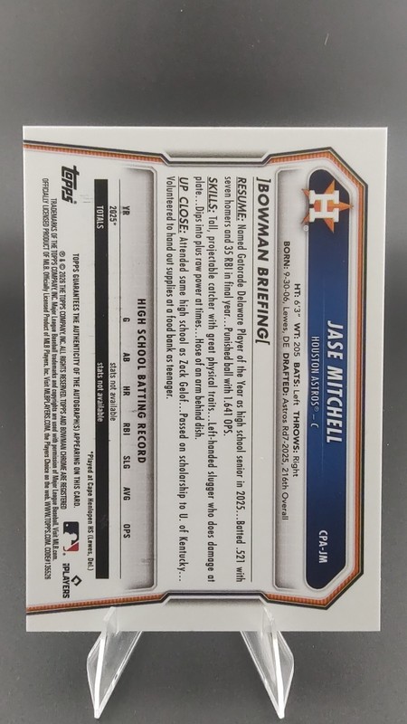 2026 Bowman Chrome JASE MITCHELL 1st Bowman Chrome Auto #CPA-JM HOUSTON ASTROS view 2