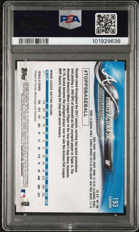 RONALD ACUNA JR 2018 TOPPS CHROME PSA 10 ROOKIE CARD RC #193 *READ DESCRIPTION* view 2