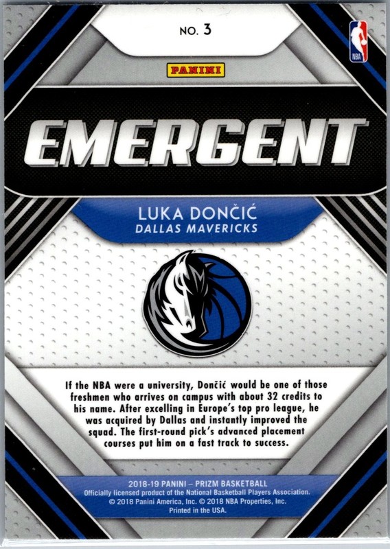 2018-19 Panini Prizm Luka Doncic #3 Emergent RC Dallas Mavericks view 2
