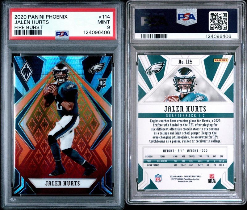 Panini Phoenix 2020 Rookies Jalen Hurts #114 Fire Burst PSA 9 Eagles RC view 2