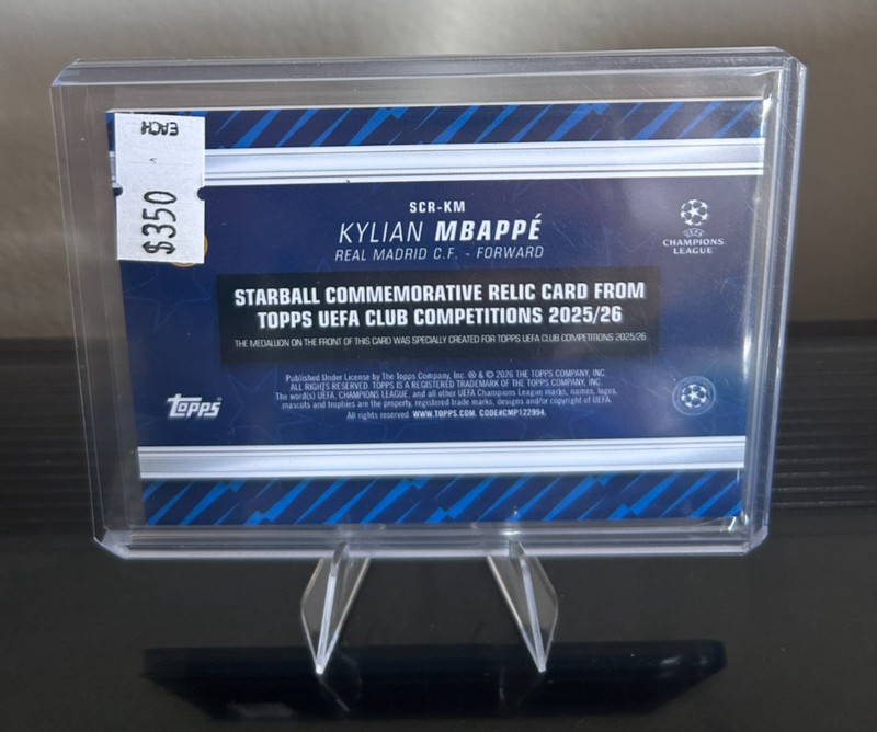 2025-26 Topps Flagship UEFA Kylian Mbappé Starball Commemorative Relic 1/5 view 2