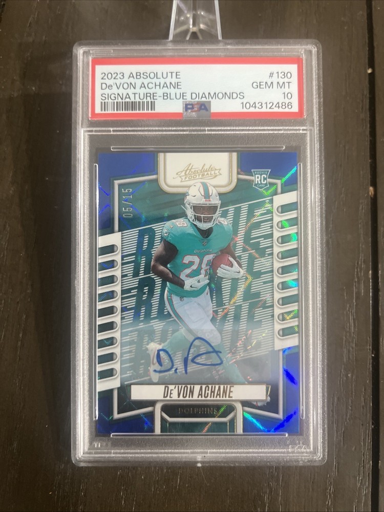 2023 Panini Absolute PSA 10- Rookies 5/15 De'Von Achane #130 Blue Diamonds Auto