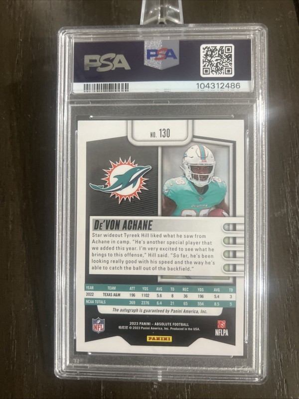 2023 Panini Absolute PSA 10- Rookies 5/15 De'Von Achane #130 Blue Diamonds Auto view 2