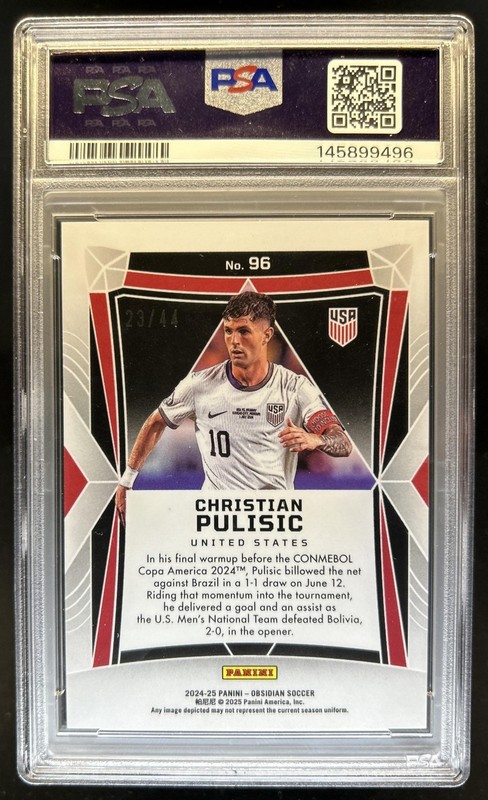 2024-25 Panini Obsidian Christian Pulisic Electric Etch Red Pulsar #/44 PSA 10 view 2