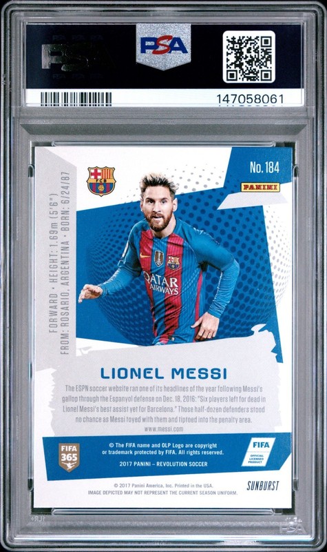 Lionel Messi 2017 Panini Revolution Sunburst PSA 10 #184 view 2