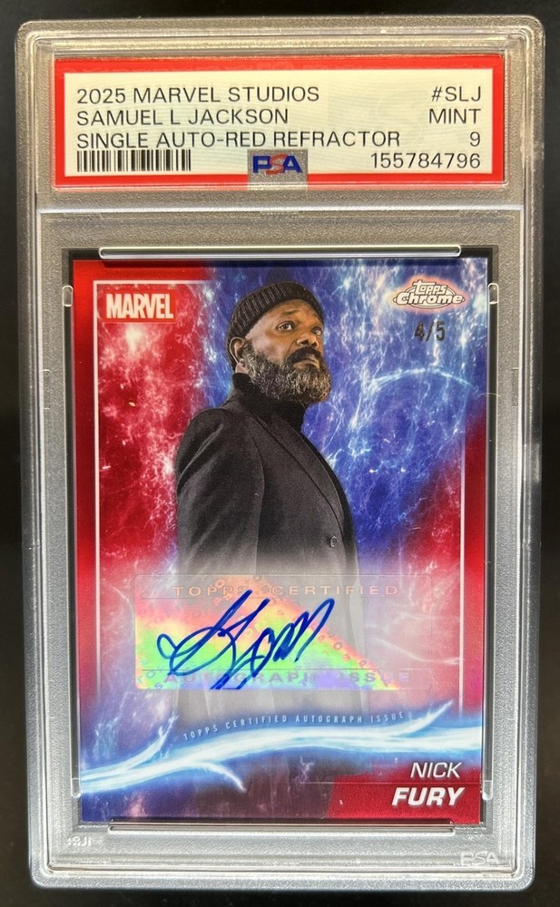 2025 Topps Chrome Marvel Samuel L. Jackson as Nick Fury Auto Red #/5 PSA 9