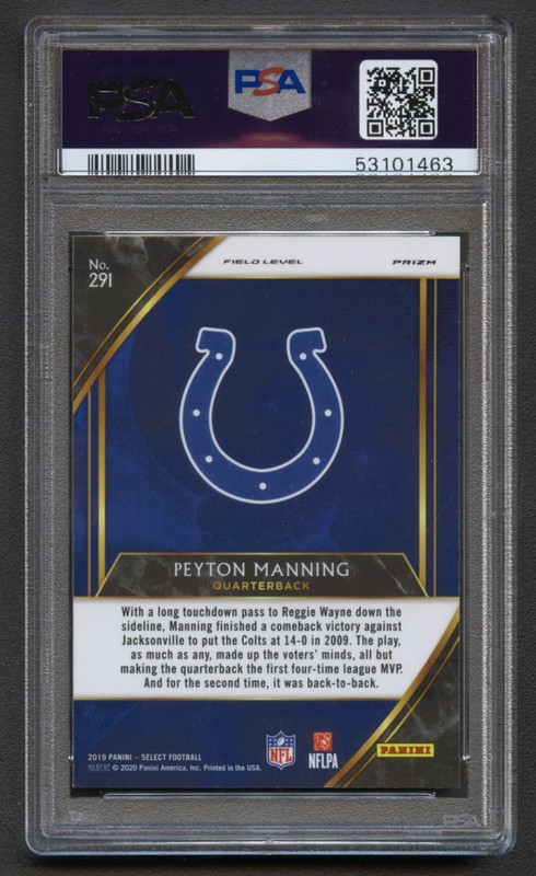 PEYTON MANNING 2019 SELECT FIELD LEVEL SILVER PRIZM REFRACTOR #291 PSA 10 GEM view 2