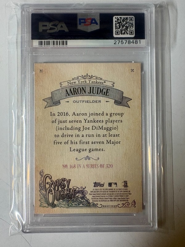 2017 TOPPS GYPSY QUEEN AARON JUDGE W/CAP (RC) #168 - PSA 10 GEM MT view 2