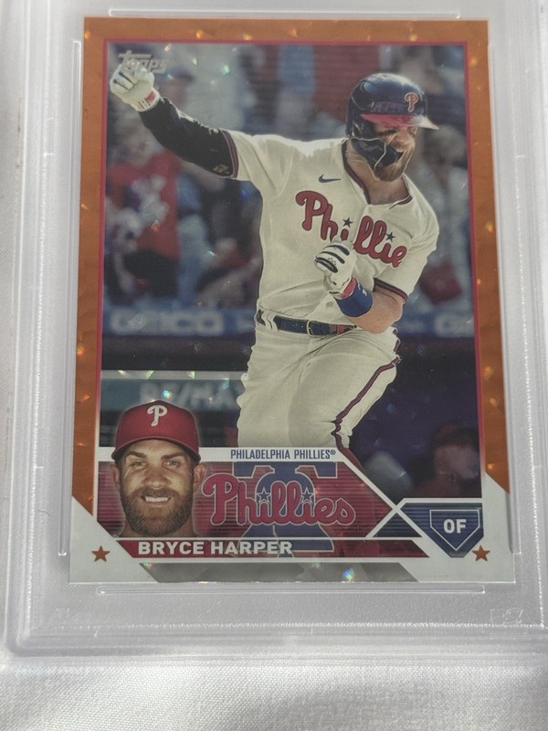 2023 Topps Chrome Phillies Bryce Harper Orange Foil Numbered /299 Graded PSA 9 view 2