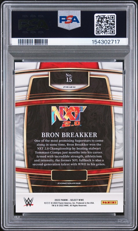 2022 Panini Select Wwe #15 Bron Breakker Orange Flash Prizm RC PSA 10 view 2
