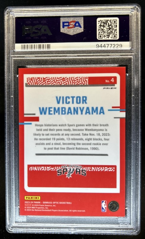 2023-24 Donruss Optic Victor Wembanyama The Rookies Rookie RC Holo #4 PSA 10 view 2