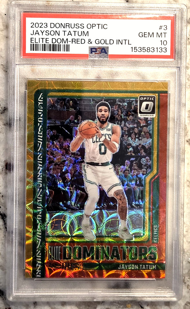 JAYSON TATUM 2023 Donruss Optic {ELITE DOMINATORS RED & GOLD INTL /99}; *PSA 10*