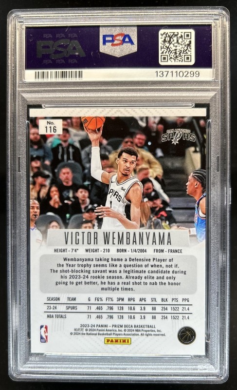 2023-24 Panini Prizm Deca Victor Wembanyama RC Rookie #116 Spurs PSA 10 GEM MINT view 2