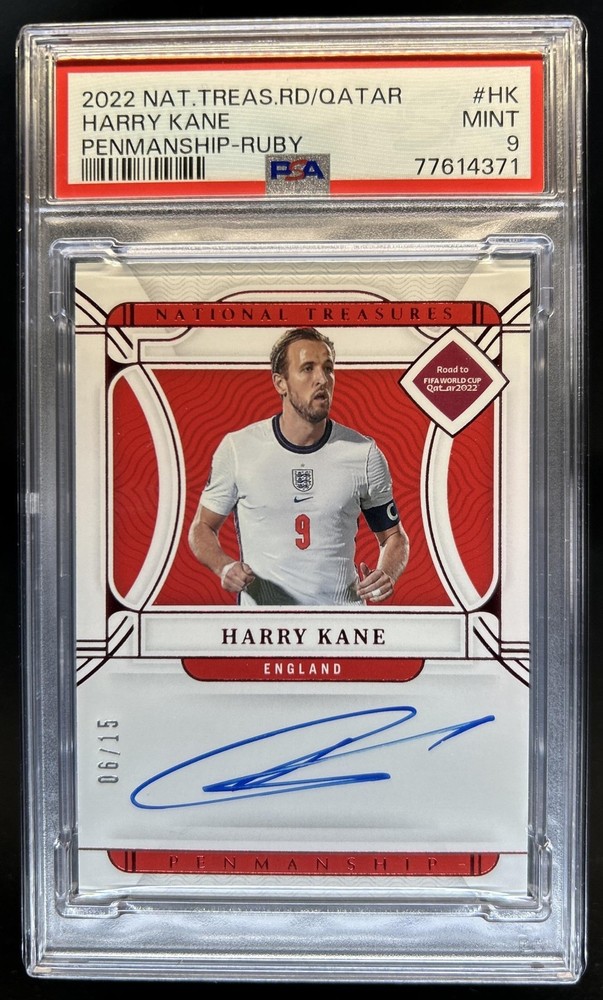 2022-23 National Treasures World Cup Harry Kane Penmanship Ruby Auto #/15 PSA 9