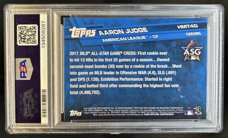 2017 Topps Chrome Update Aaron Judge RC Rookie #HMT40 Yankees PSA 10 GEM MINT view 2