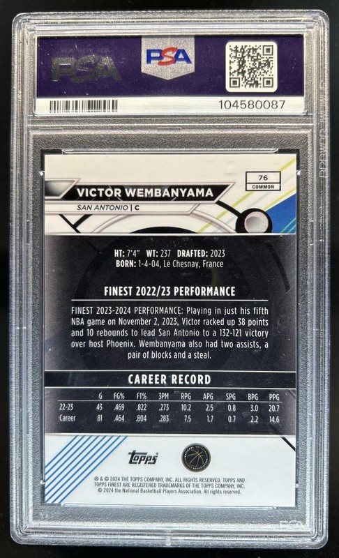 2023-24 Finest Victor Wembanyama RC Red/Black Vapor Refractor Common #/10 PSA 10 view 2