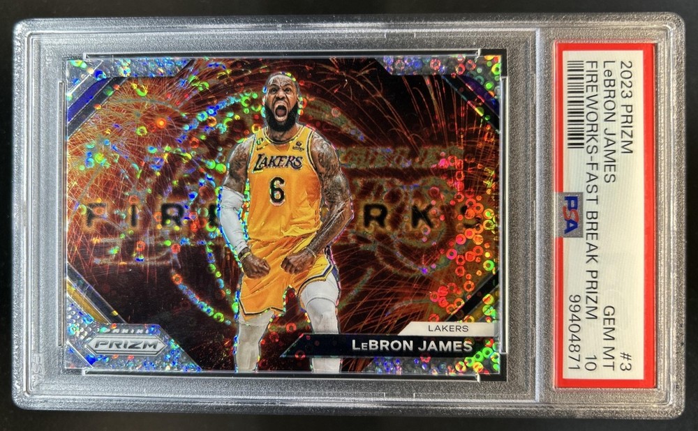 2023-24 Panini Prizm LeBron James Fireworks Prizm Fast Break #3 Lakers PSA 10