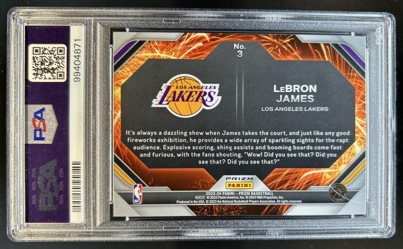 2023-24 Panini Prizm LeBron James Fireworks Prizm Fast Break #3 Lakers PSA 10 view 2