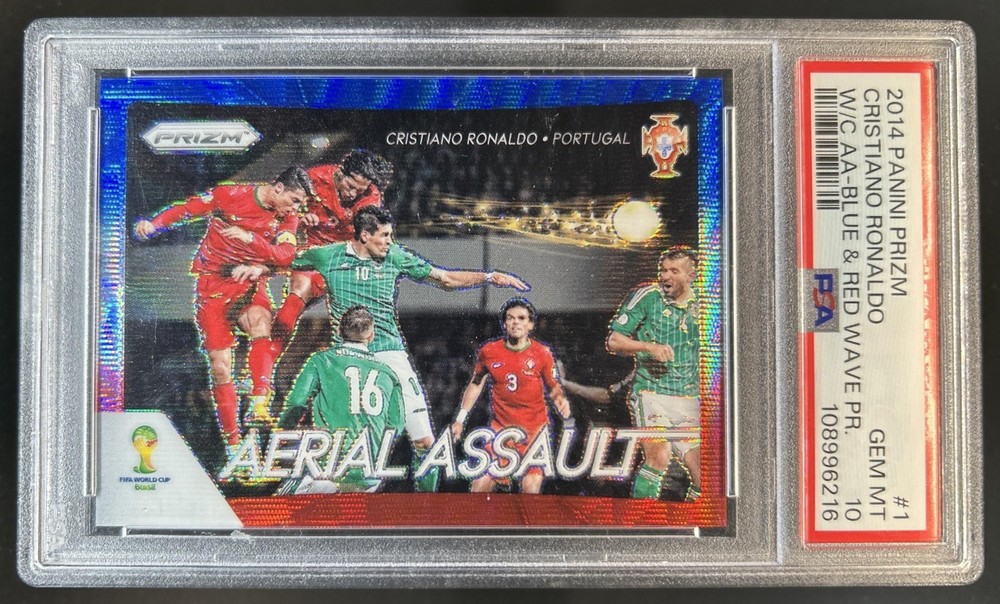 2014 Prizm World Cup Cristiano Ronaldo Aerial Assault Blue Red Wave #1 PSA 10