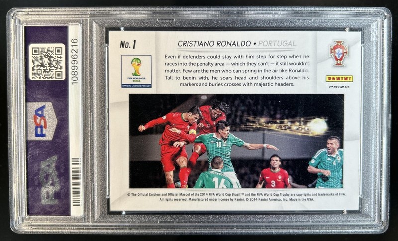2014 Prizm World Cup Cristiano Ronaldo Aerial Assault Blue Red Wave #1 PSA 10 view 2