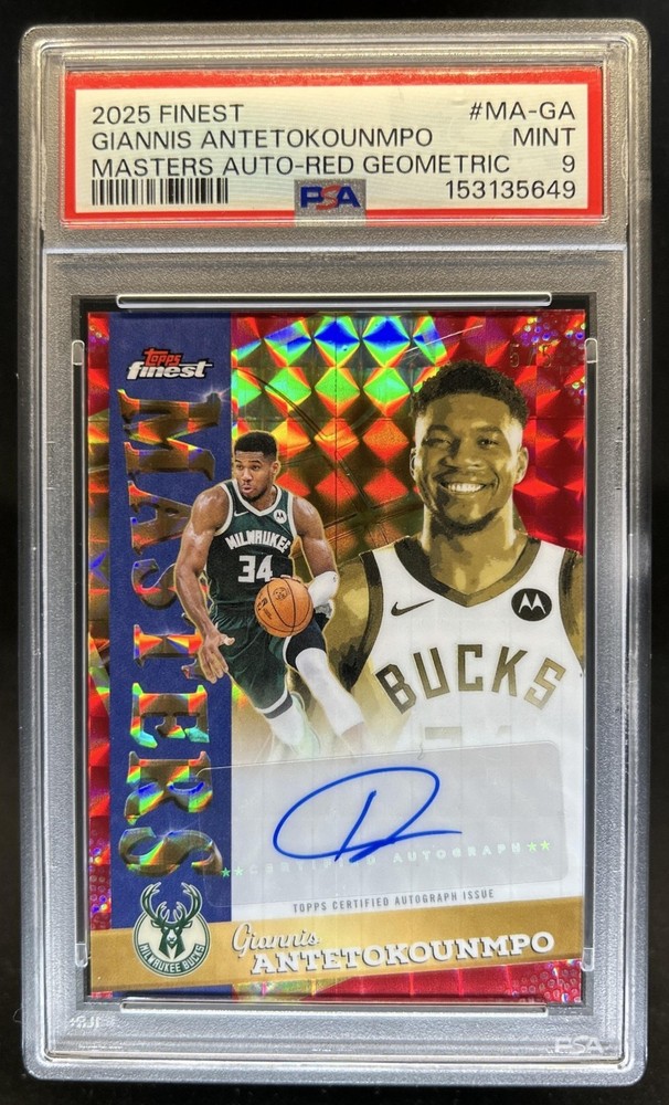 2025-26 Topps Finest Giannis Antetokounmpo Masters Auto Red Geometric #/5 PSA 9