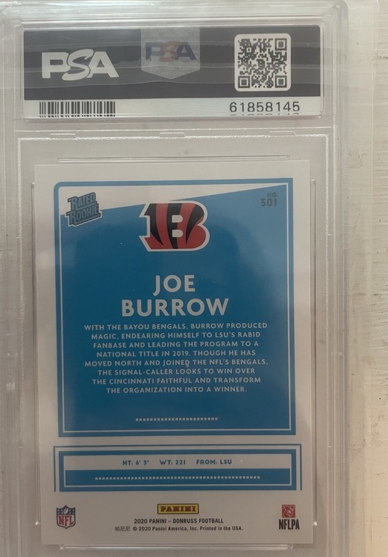 2020 Panini Donruss Rated Rookie Joe Burrow #301 PSA 10 Cincinnati Bengals view 2