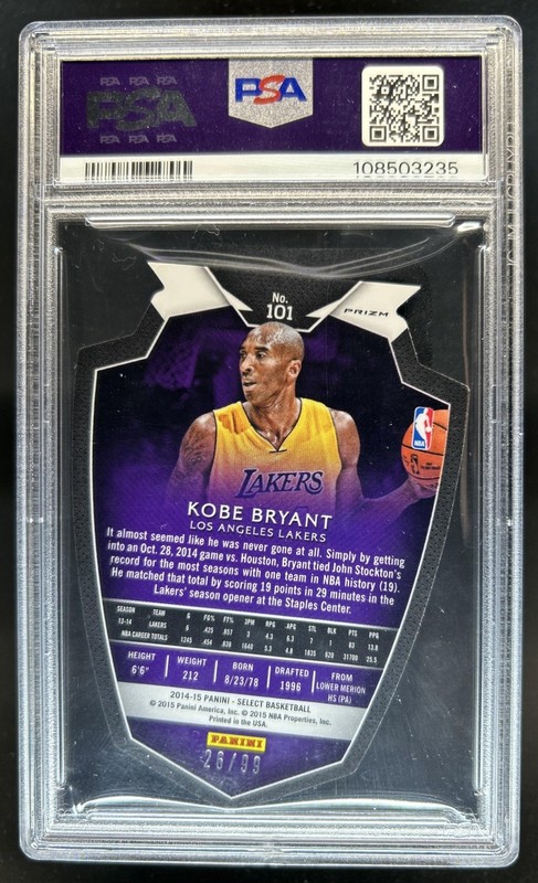 2014-15 Panini Select Kobe Bryant Prizm Light Purple Die Cut #/99 Lakers PSA 7 view 2