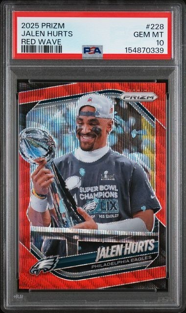 PSA 10 JALEN HURTS 🔥 2025 PRIZM RED WAVE /149 EAGLES 228 LOMBARDI 🏆 SUPER BOWL