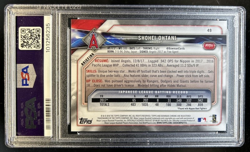 2018 Bowman Shohei Ohtani RC Rookie #49 Angels PSA 10 GEM MINT view 2