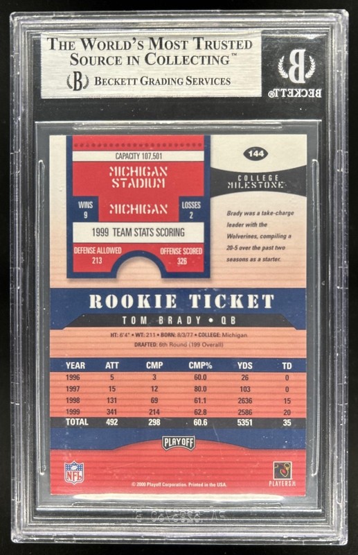 2000 Playoff Contenders Tom Brady Rookie RC Auto #144 BGS Altered Authentic Auto view 2