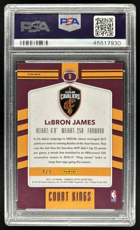 2017-18 Panini Donruss Optic LeBron James Court Kings Orange #/9 PSA 10 GEM MINT view 2