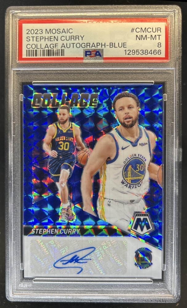 2023-24 Panini Mosaic Stephen Curry Collage Auto Mosaic Blue #/25 Warriors PSA 8