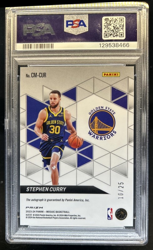 2023-24 Panini Mosaic Stephen Curry Collage Auto Mosaic Blue #/25 Warriors PSA 8 view 2