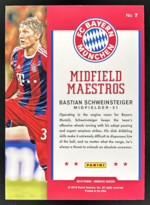 2015 Panini Donruss Bastian Schweinsteiger Midfield Maestros Gold Logo #/10 view 2