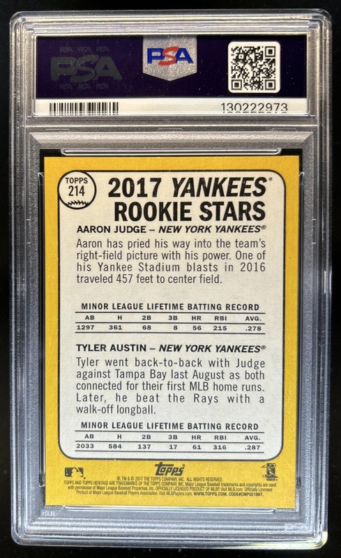 2017 Topps Heritage Yankees Rookie Stars Aaron Judge Tyler Austin RC #214 PSA 10 view 2