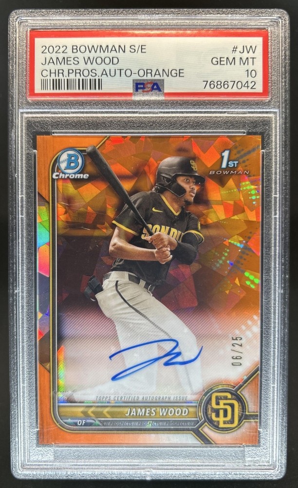 2022 Bowman Sapphire James Wood Chrome Auto Orange #/25 Padres PSA 10 GEM MINT