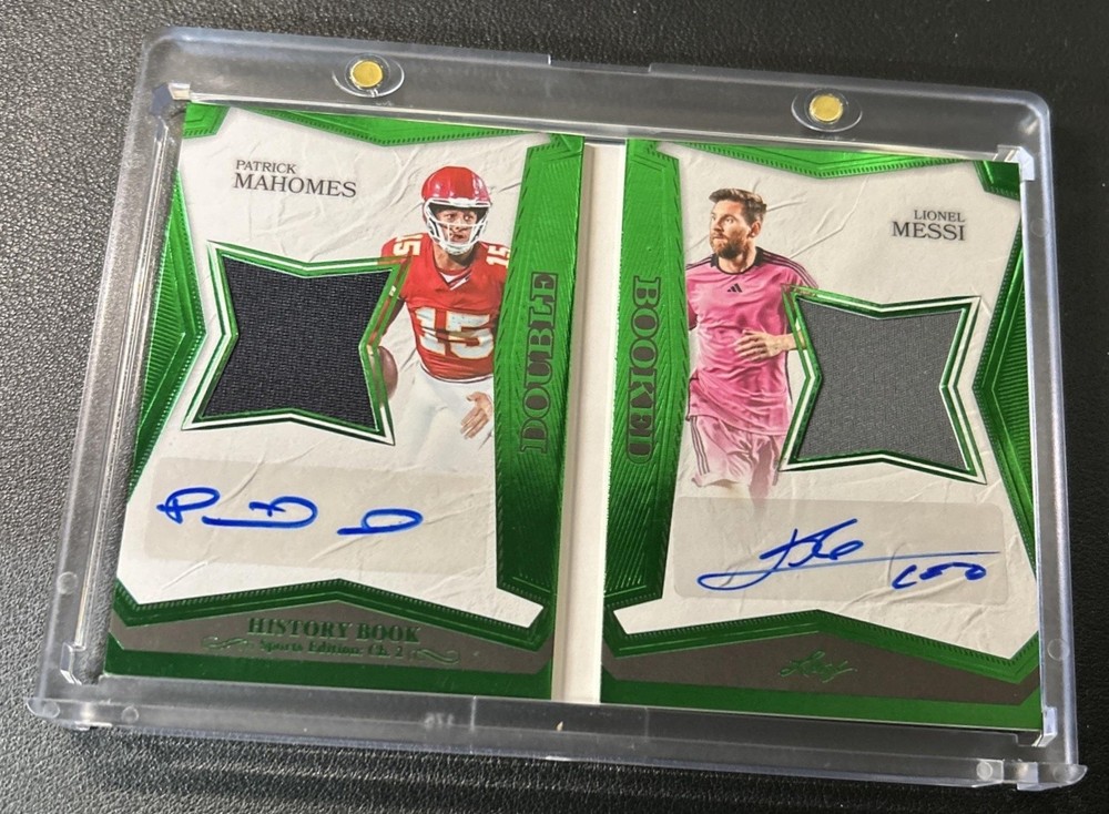 2025 Leaf History Book Patrick Mahomes Lionel Messi Book Jersey Auto Green #/2