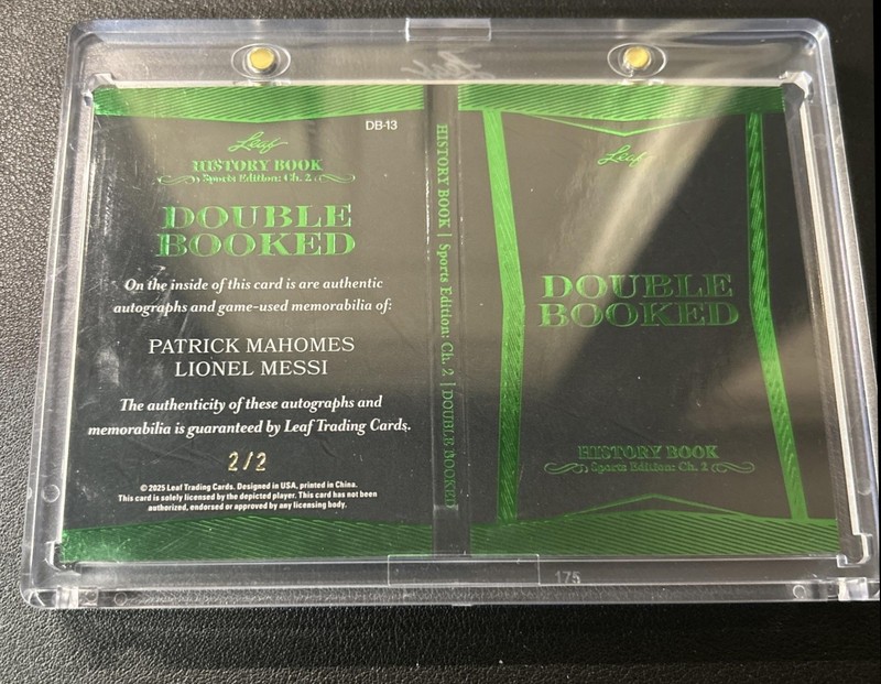 2025 Leaf History Book Patrick Mahomes Lionel Messi Book Jersey Auto Green #/2 view 2