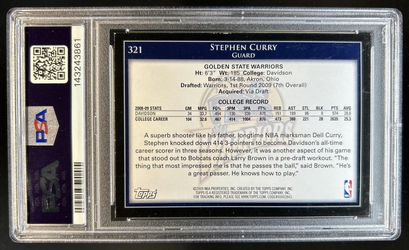 2009-10 Topps Stephen Curry Rookie RC #321 Warriors PSA 6 view 2