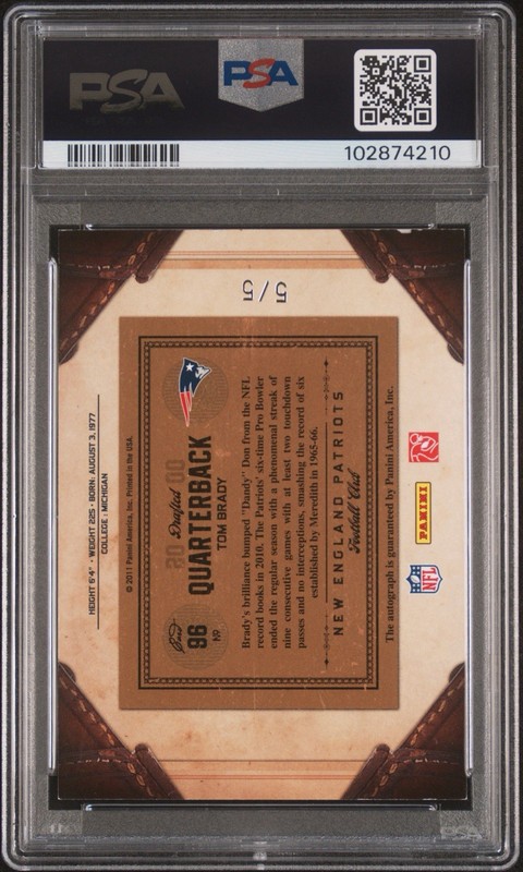 2011 Tom Brady Timeless Treasures Gold Holo Auto 5/5 PSA AUTH 9 #96 Autograph SP view 2